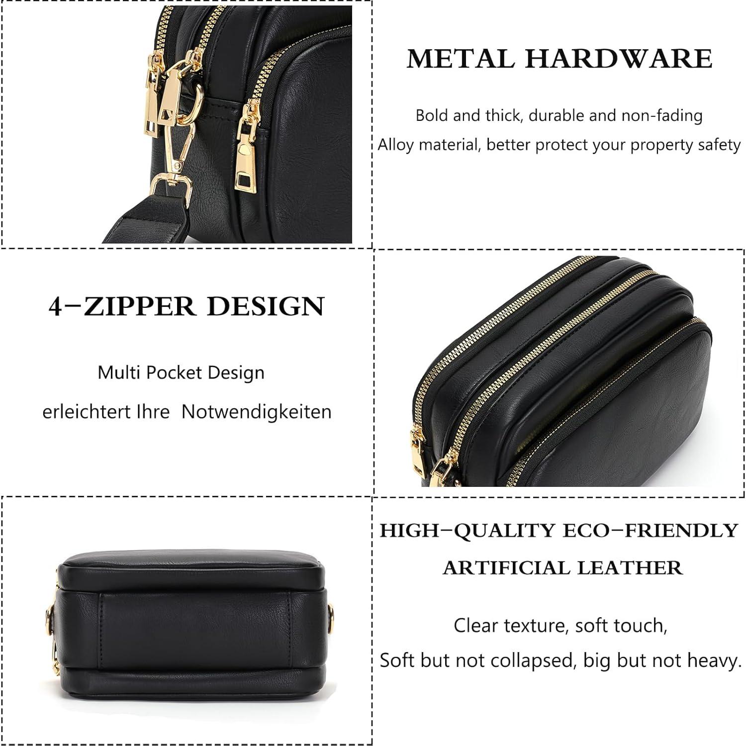Damen Crossbody Bag Handtasche Umhängetasche Breiter Schultergurt Schwarz