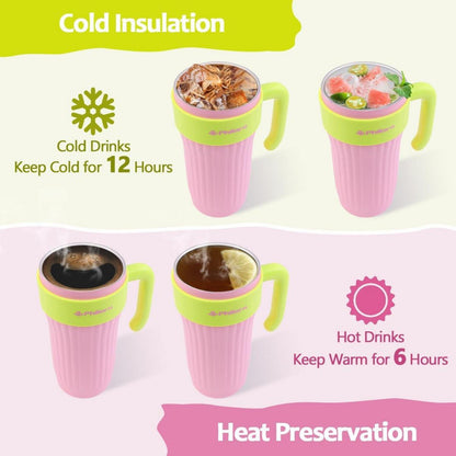 Thermobecher 800ml Edelstahl Vakuum Trinkbecher mit Griff und Strohhalm - Rosa
