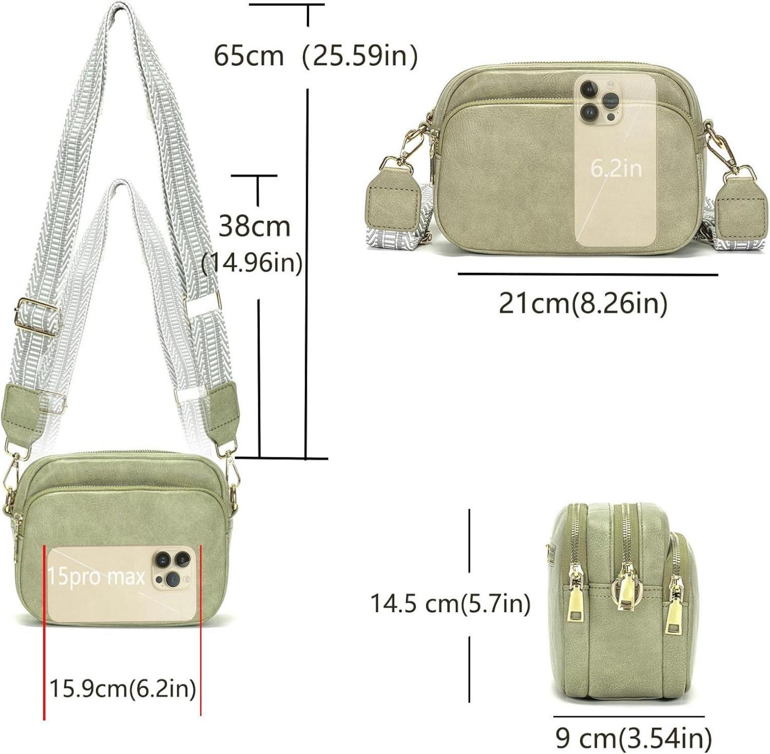 Damen Crossbody Handtasche mit breitem Schultergurt Grün 4 Fächer