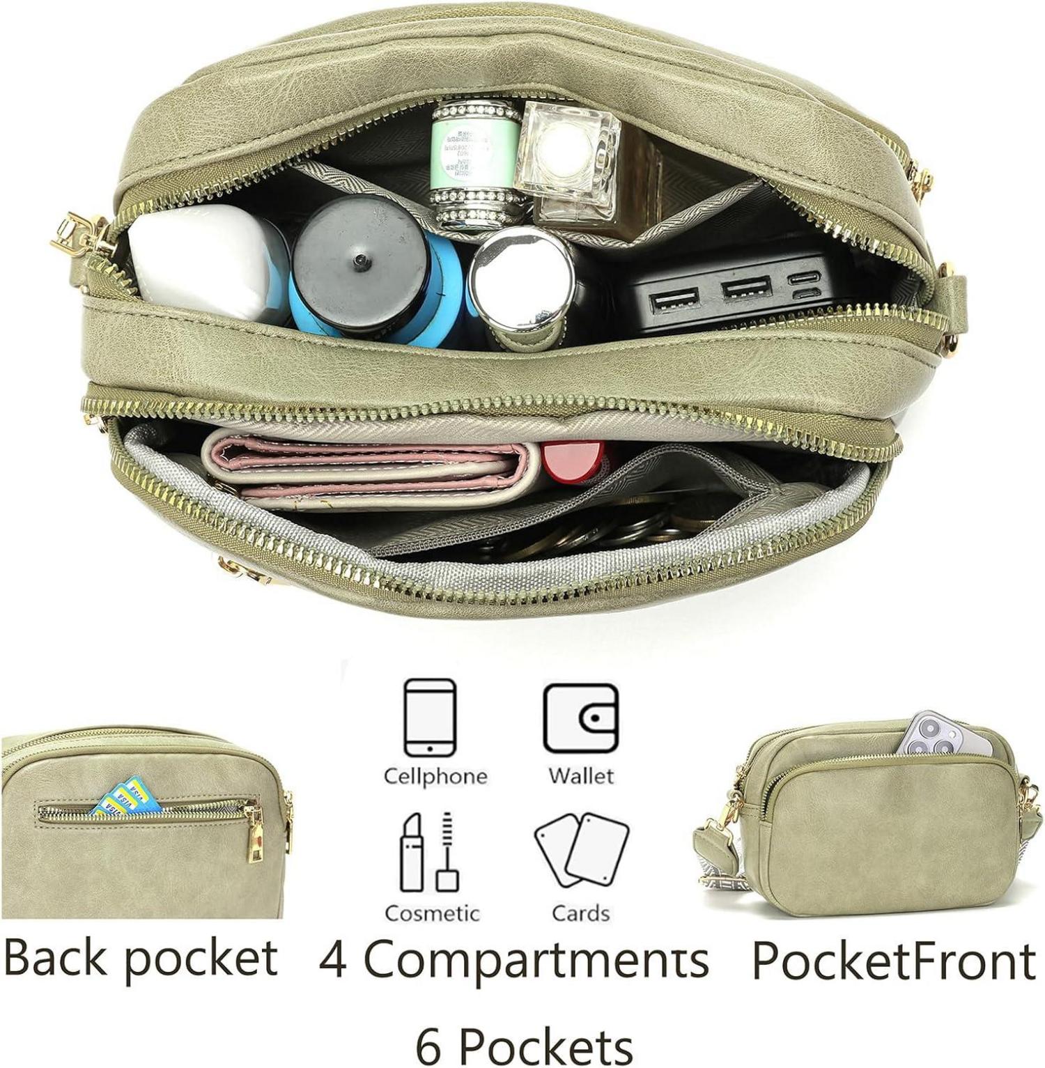 Paigtes Damen Crossbody-Handtasche Grün PU-Leder 7 Reißverschlusstaschen 21x10x15cm