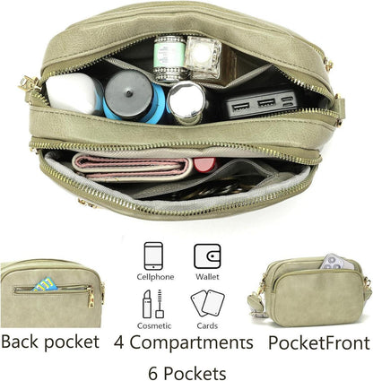 Paigtes Damen Crossbody-Handtasche Grün PU-Leder 7 Reißverschlusstaschen 21x10x15cm