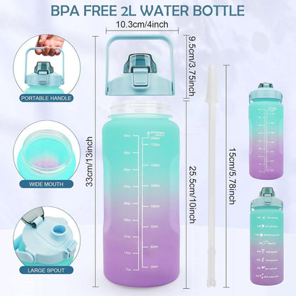 Trinkflasche Sport 2L BPA-Frei mit Strohhalm Zeitmarkierungen Grün