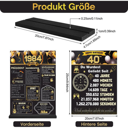 40. Geburtstag Deko 1984 Poster mit Acryl Tischzeichen & Holzständer