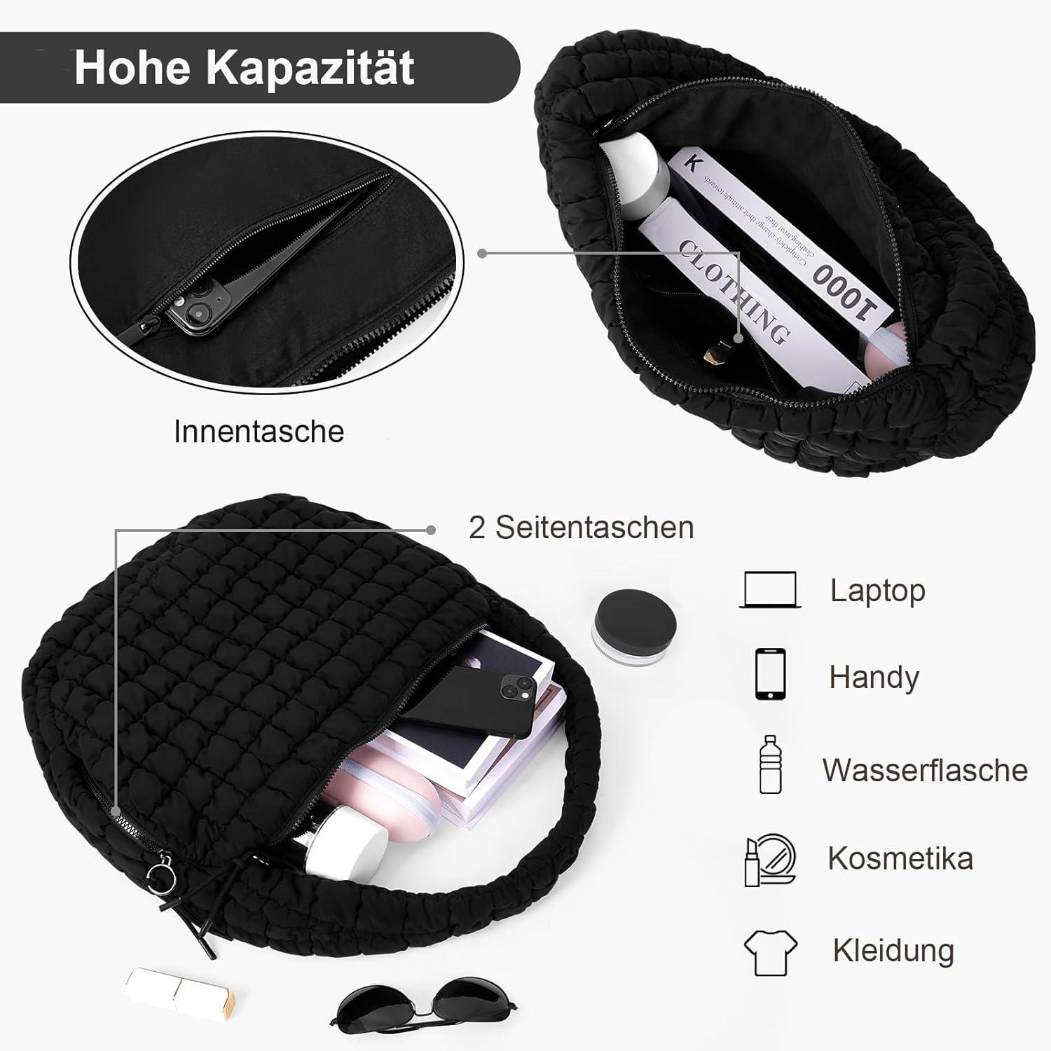 Stepptasche Damen Crossbody Bag Schwarz - Groß Nylon Umhängetasche mit Reißverschluss