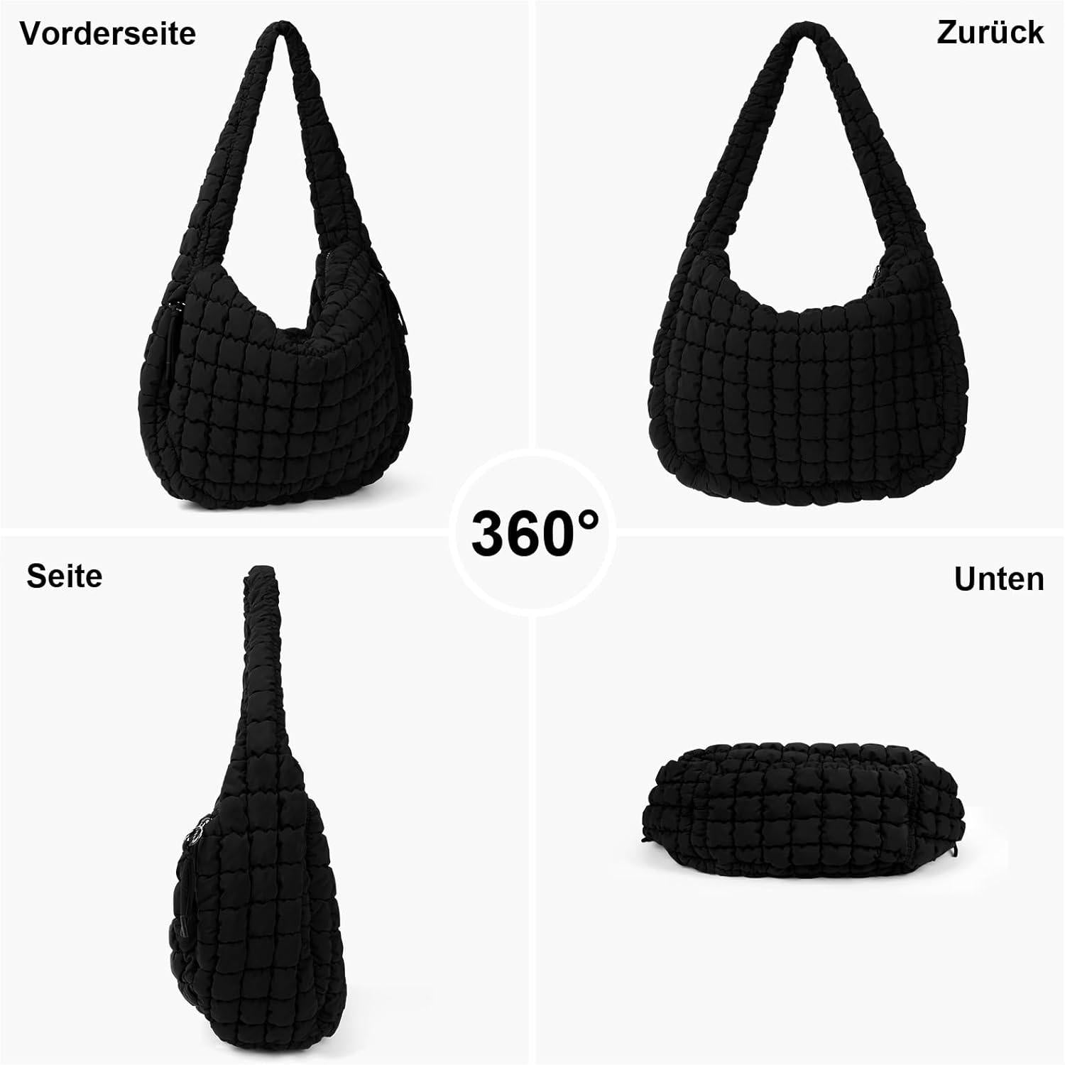 Große Gesteppte Crossbody Umhängetasche Damen Schwarz Puffy Tote Bag
