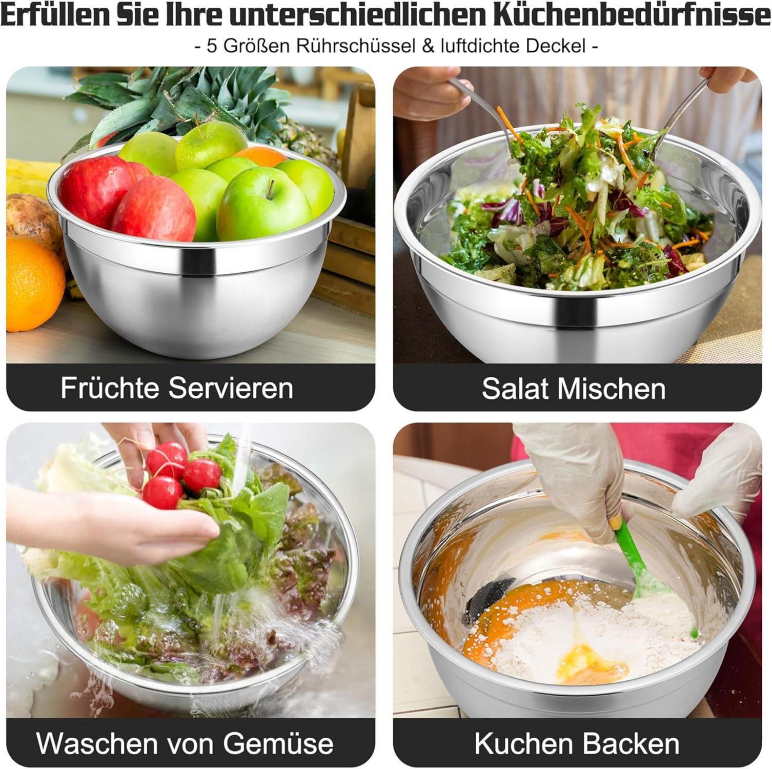 Homikit 5-tlg Edelstahl Rührschüssel Set mit Deckel Reibeinsätzen