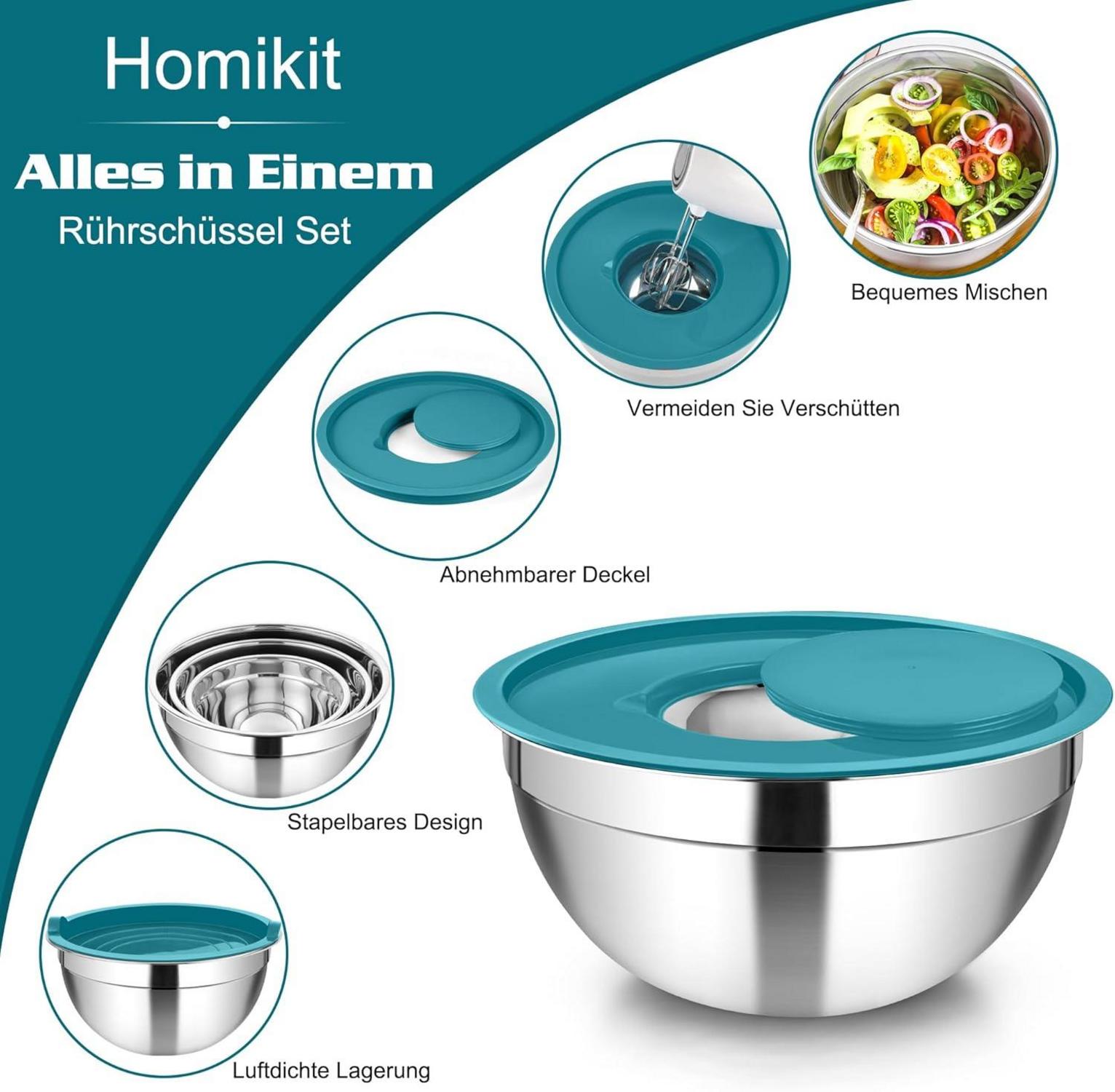 Edelstahl Schüssel Set mit 3 Reibenaufsätzen, 5-tlg, Blau