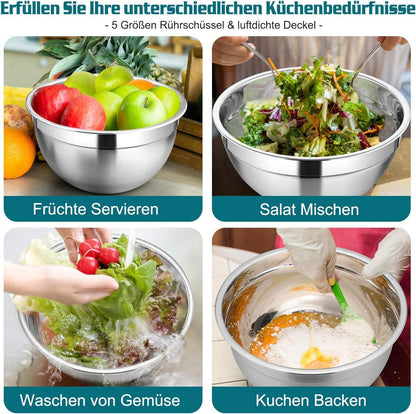 Homikit 5-tlg Edelstahl Rührschüsselset mit Deckel und Reibenaufsätzen, Blau