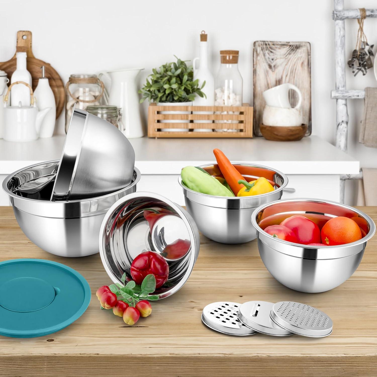 Homikit 5-tlg Edelstahl Rührschüsselset mit Deckel und Reibenaufsätzen, Blau