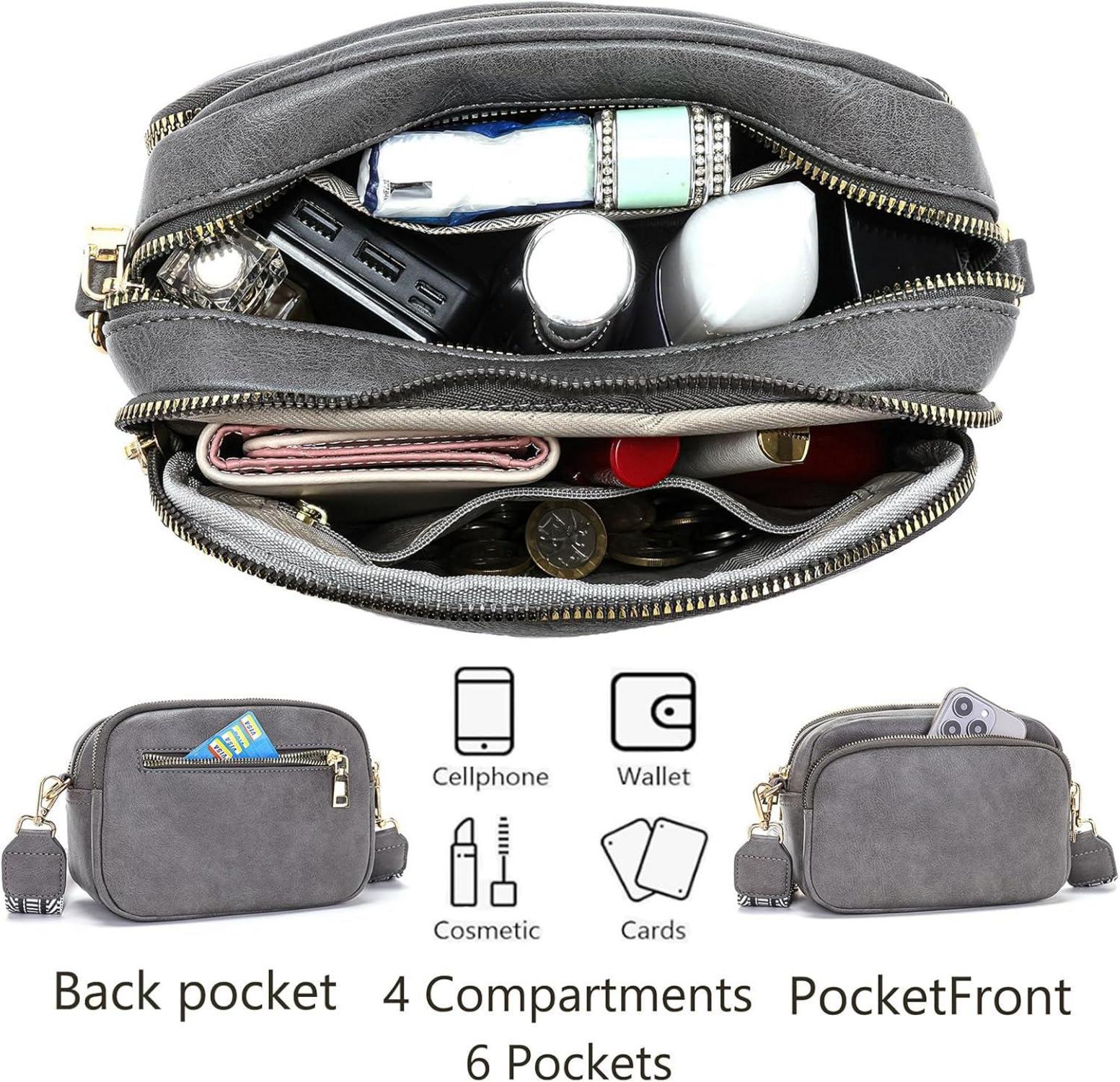 Damen Umhängetasche Handtasche Crossbody Bag Grau 4 Fächer