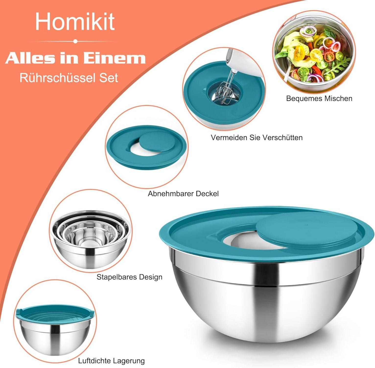 Edelstahl Rührschüssel Set mit Luftdichtem Deckel 5tlg