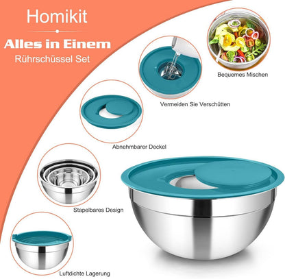 Edelstahl Rührschüssel Set mit Luftdichtem Deckel 5tlg