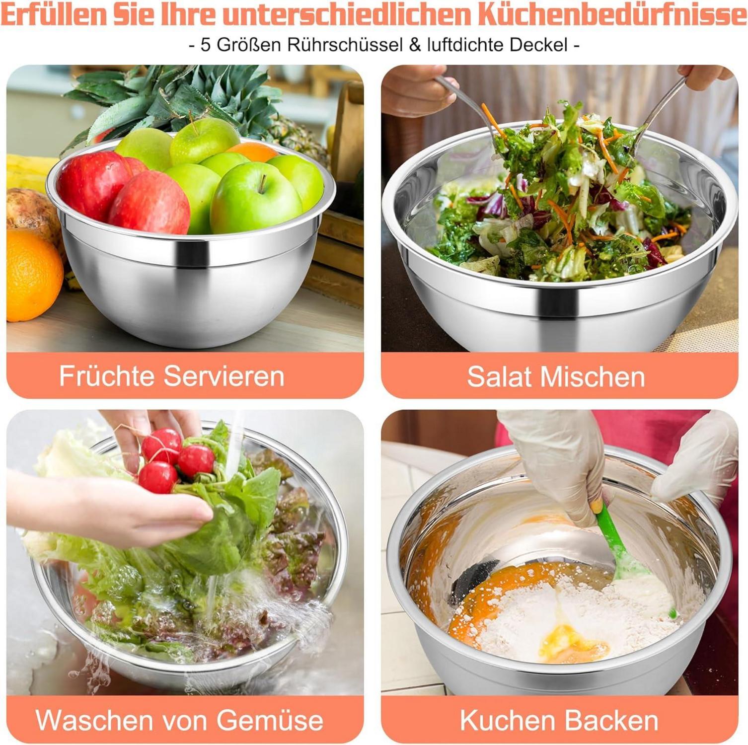 Homikit Rührschüssel Set Edelstahl 5er Stapelbar Luftdichter Deckel 1,2-4,6L
