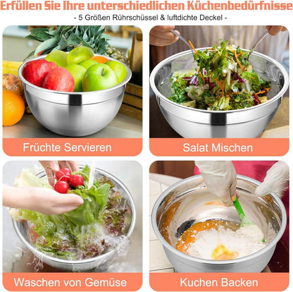 Homikit Rührschüssel Set Edelstahl 5er Stapelbar Luftdichter Deckel 1,2-4,6L