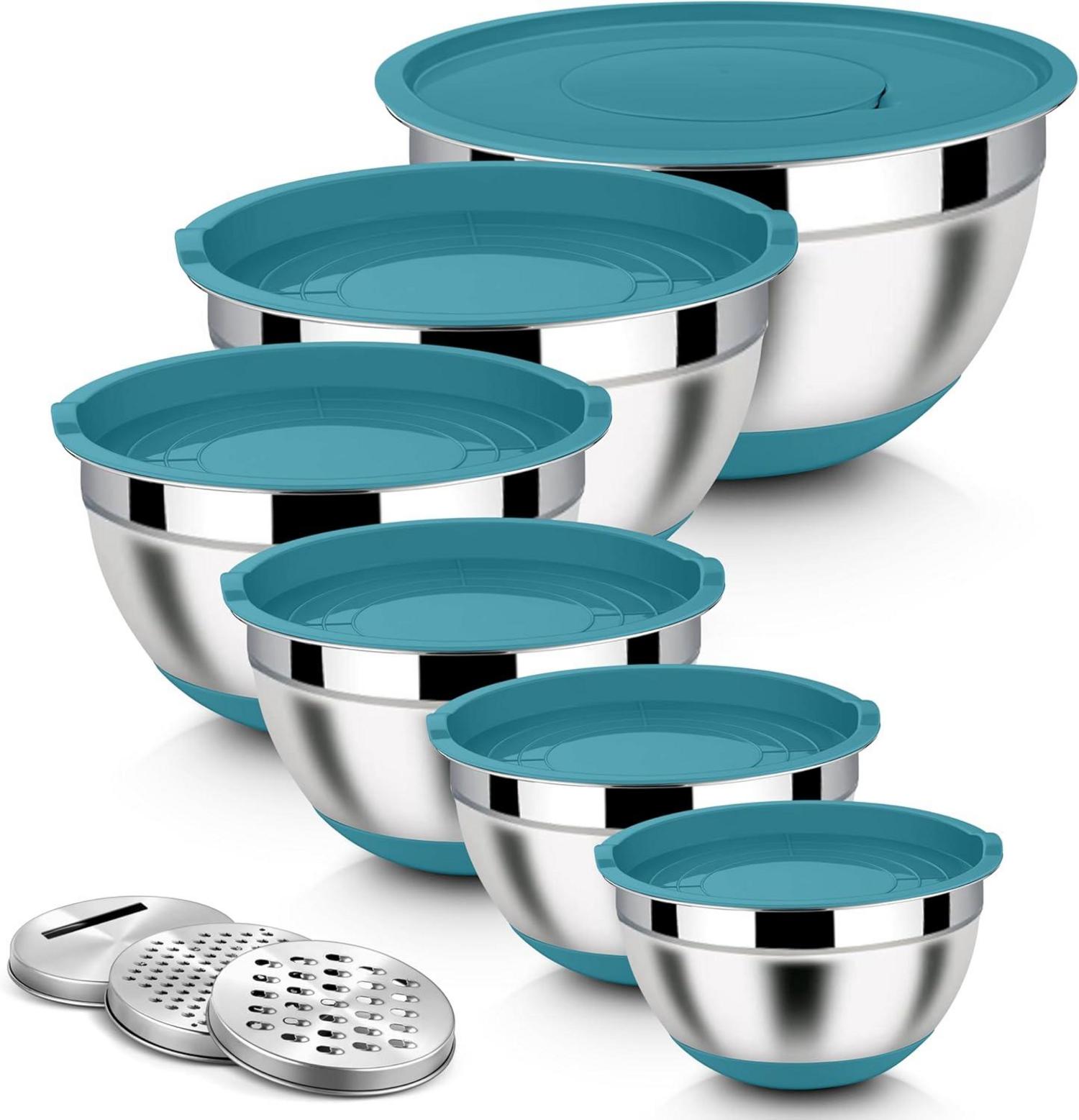 Edelstahl Rührschüssel Set mit Luftdichtem Deckel, Blau 6er Set