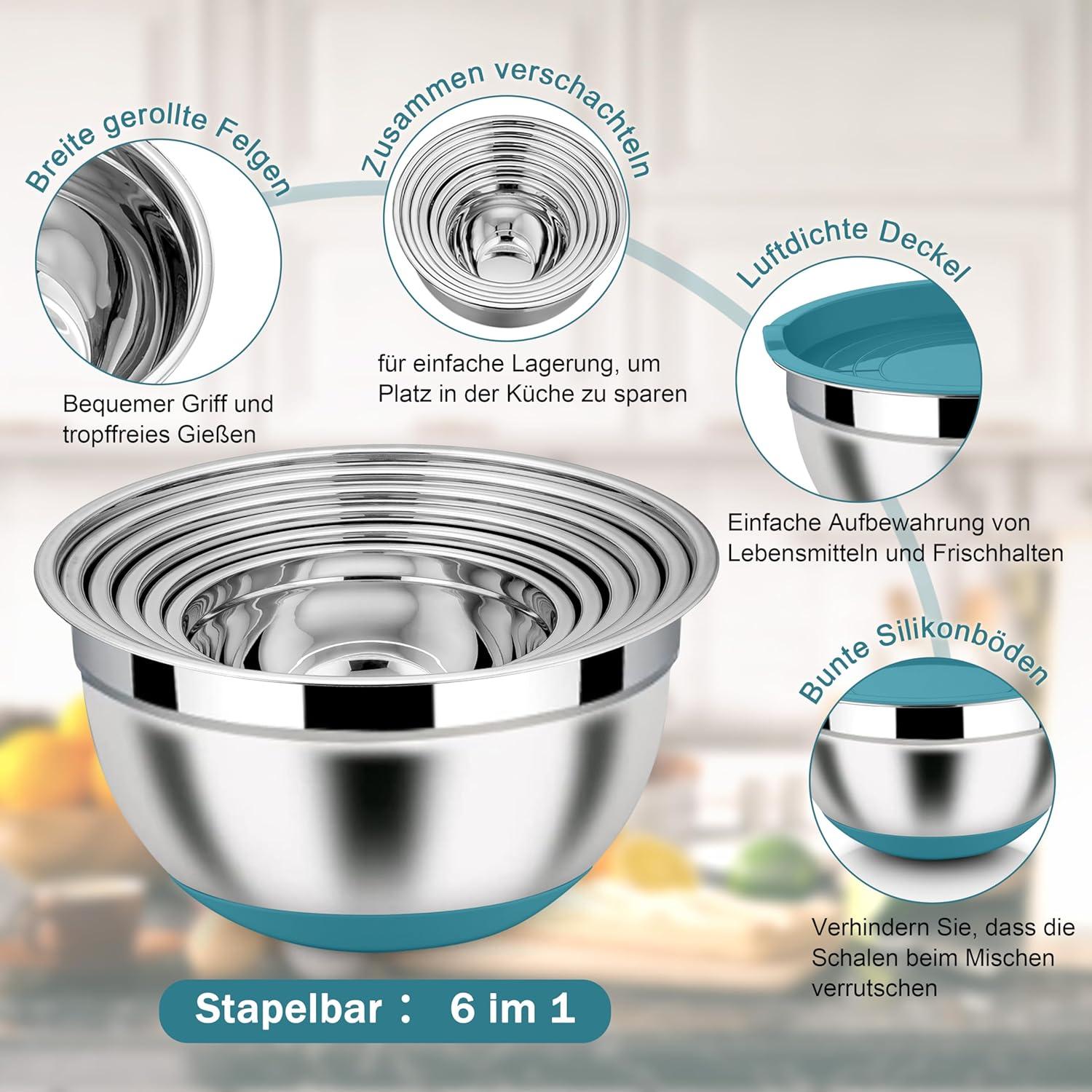 Homikit Edelstahl Rührschüssel Set 6er mit Reibeaufsatz, Deckel & Silikonboden 4,6L/2,8L/2,5L/1,6L/1,2L/0,7L Blau