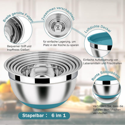 Homikit Edelstahl Rührschüssel Set 6er mit Reibeaufsatz, Deckel & Silikonboden 4,6L/2,8L/2,5L/1,6L/1,2L/0,7L Blau