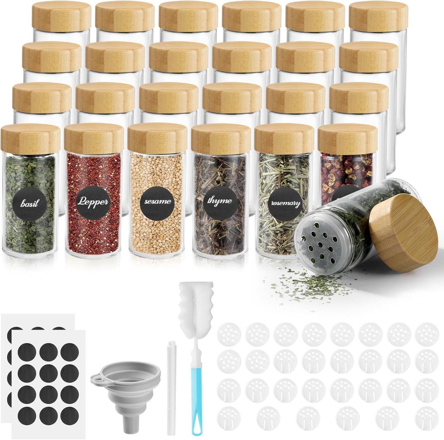 24er Set Gewürzgläser mit Streueinsatz, Etiketten, Trichter, Bürste