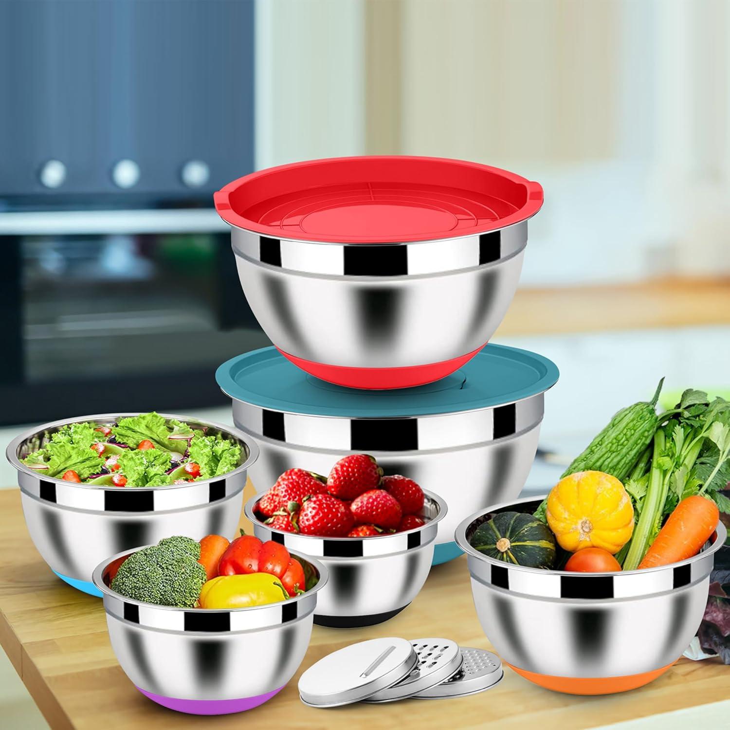 Rührschüssel Set 6er Edelstahl Salatschüssel Reibeaufsätzen Deckel 4,6L 2,8L