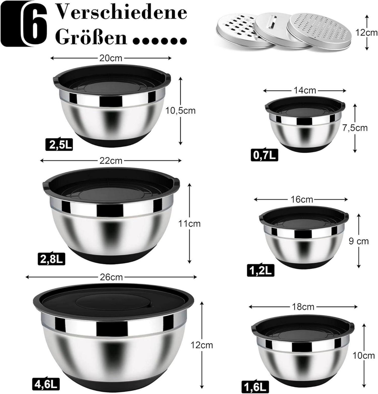 Homikit Rührschüssel Set Edelstahl mit Reibe 6-tlg Schwarz