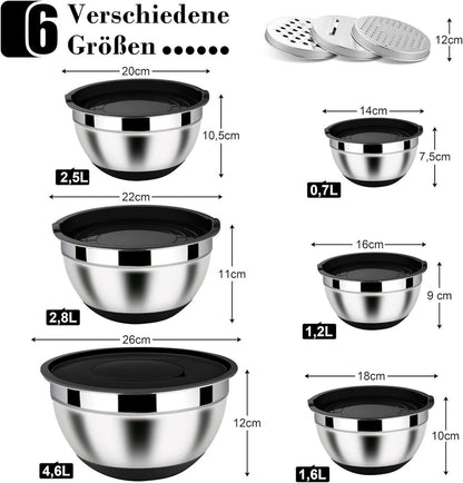 Homikit Rührschüssel Set Edelstahl mit Reibe 6-tlg Schwarz