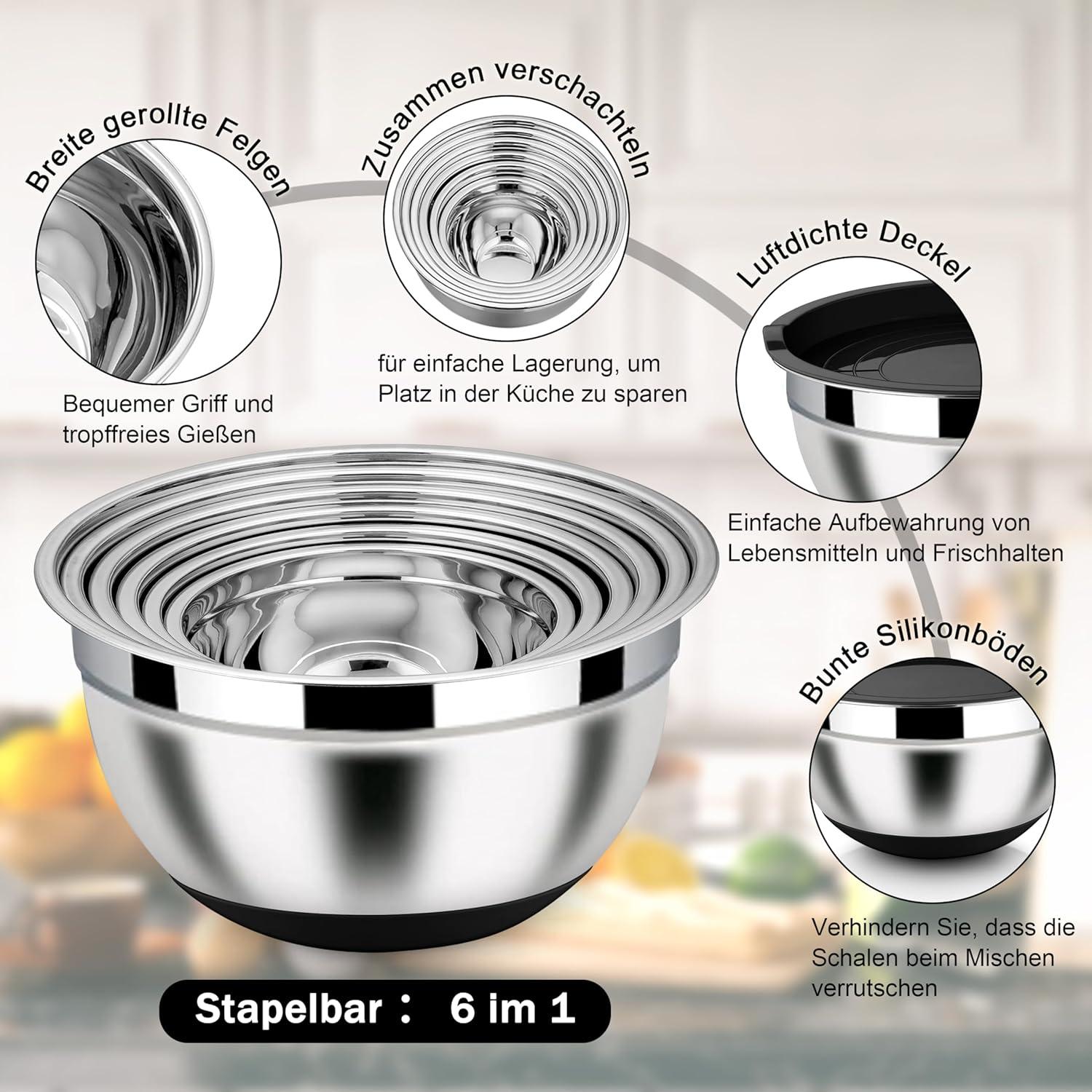 Homikit 6-tlg Rührschüssel Set Edelstahl Schwarz Salatschüssel Reibeaufsätze