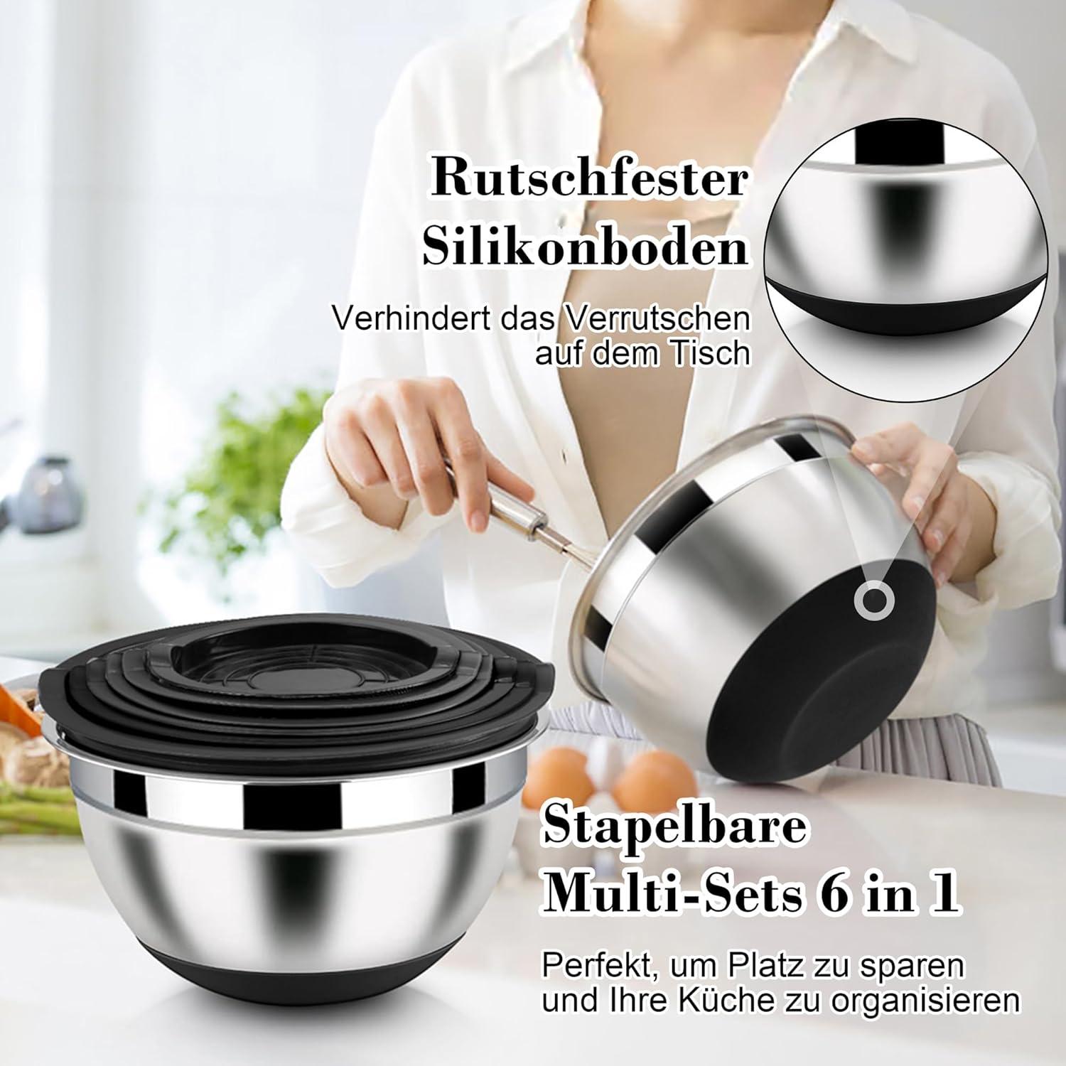 Rührschüssel Set Edelstahl Schwarz 6-tlg mit Reibeaufsätzen