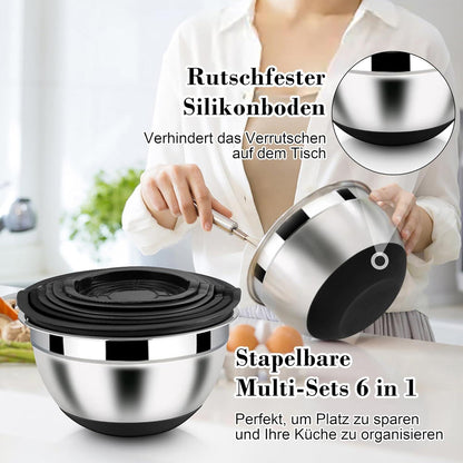 Rührschüssel Set Edelstahl Schwarz 6-tlg mit Reibeaufsätzen