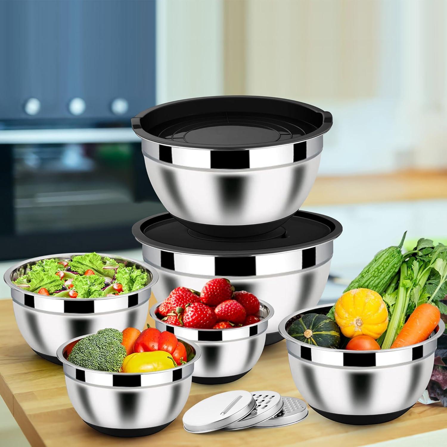 Homikit Edelstahl Rührschüssel Set Schwarz 6-tlg Salatschüssel Reibeaufsätzen