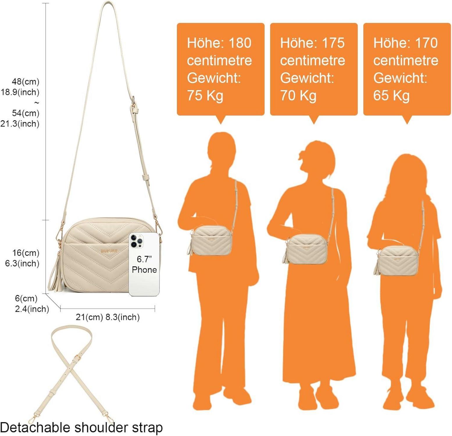 Umhängetasche Damen Klein PU Leder Crossbody Verstellbarer Gurt 4 Fächer