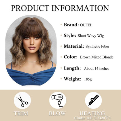 Braun Blonde Kurze Gewellte Synthetische Perücke mit Pony
