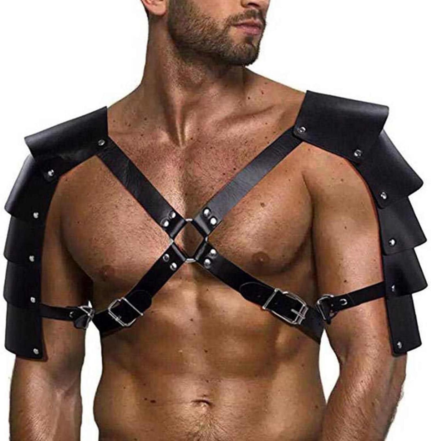 Herren Verstellbares Brust Harness Leder Soldat Rüstung Schulter Gürtel Schwarz