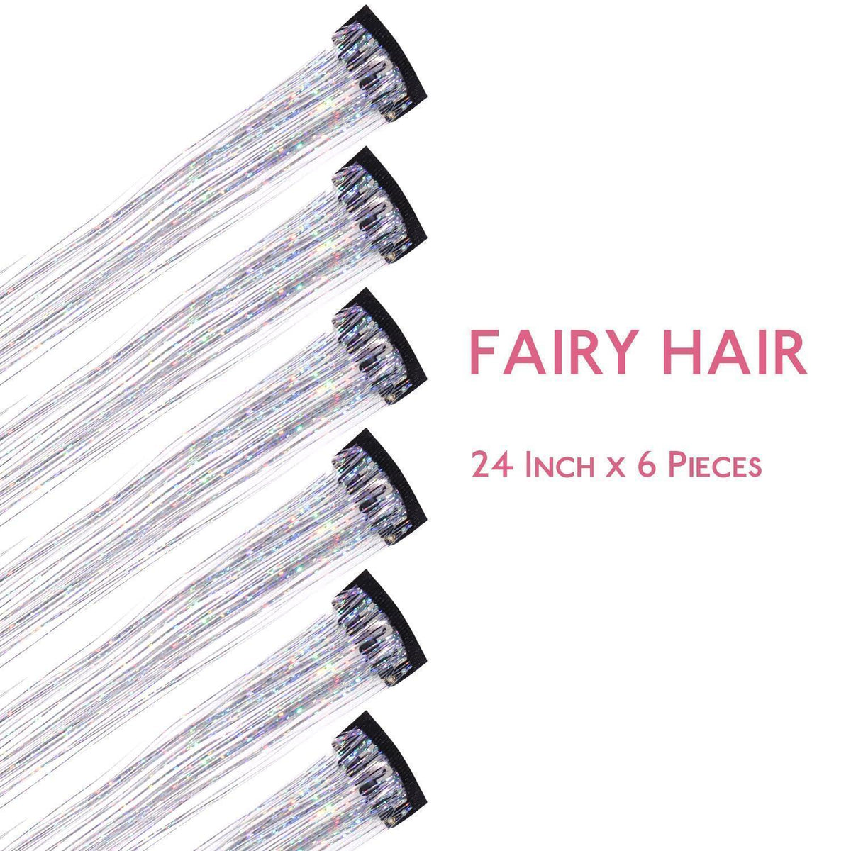 Silbernes Haar Lametta Clip-In Set – Glitzer Haarsträhnen 60cm