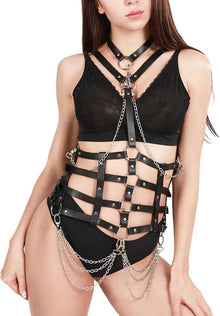 Frauen Body Harness Leder Metallkette Choker Fetisch SM BDSM