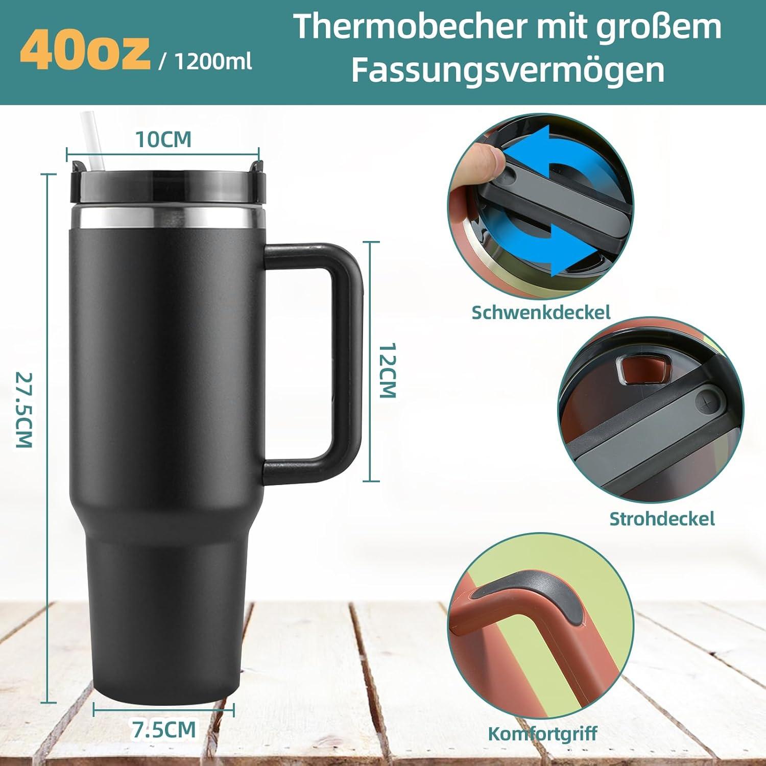 40oz Thermobecher mit Strohhalm und Henkel, Isolierbecher für Heiß & Kalt - Schwarz