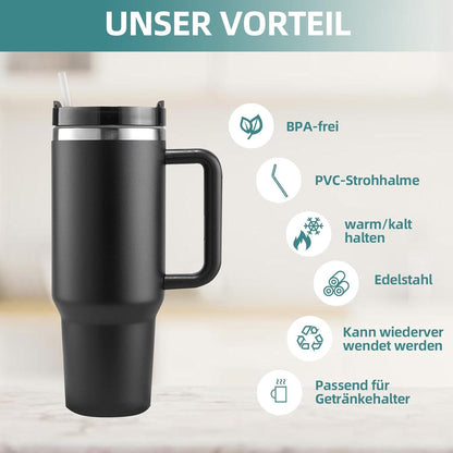 40oz Thermobecher mit Strohhalm Henkel, 1200ml Kaffeebecher Doppelwandig Schwarz