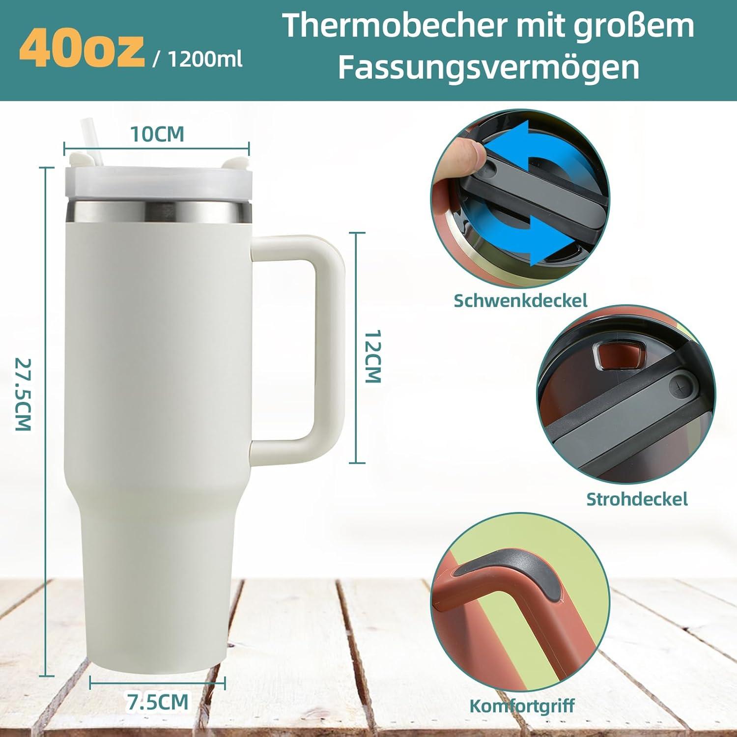 Thermobecher 40oz mit Griff und Strohhalm, 1200ml Edelstahl Isolierbecher