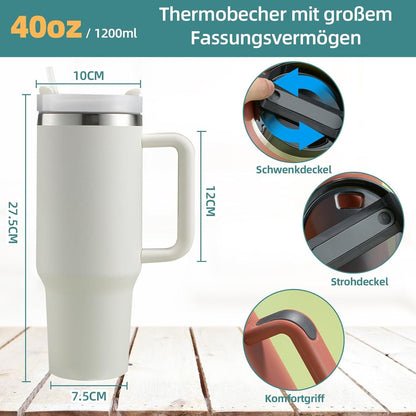 Thermobecher 40oz mit Griff und Strohhalm, 1200ml Edelstahl Isolierbecher