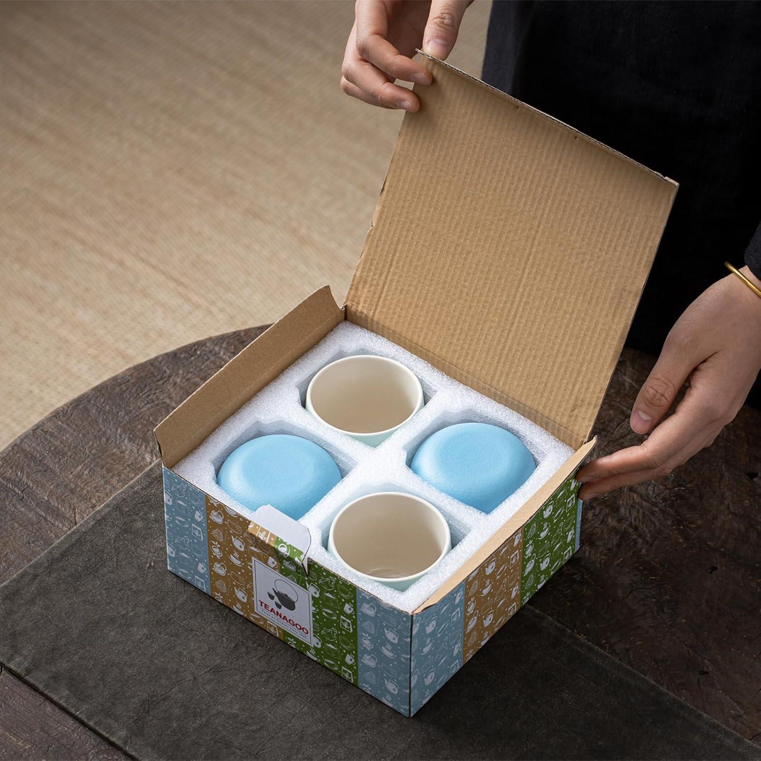 Japanische Teetassen Set, 205 ml, Blau, handgefertigt, 4 Stück