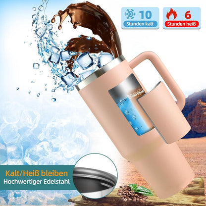 Thermobecher 40oz mit Strohhalm und Henkel - Rosa, Edelstahl