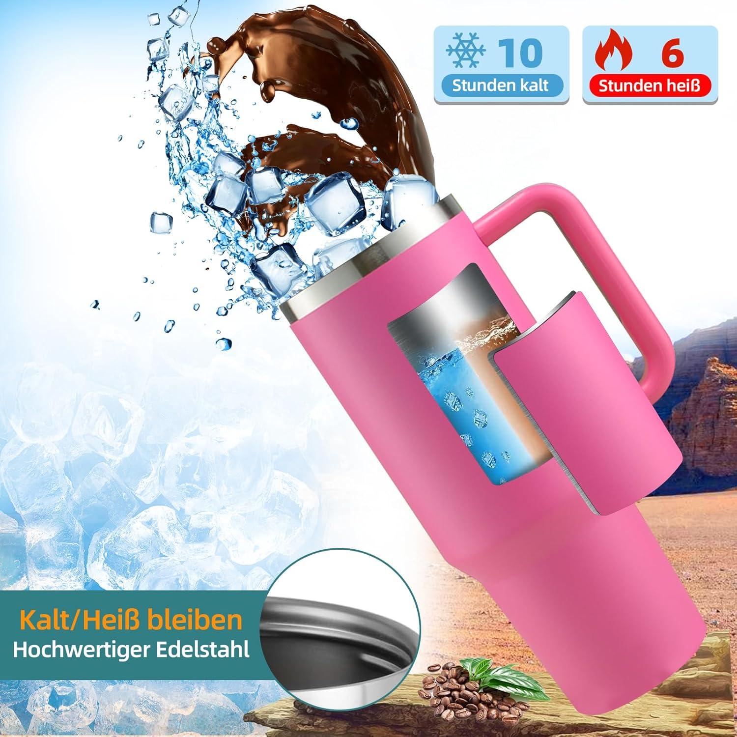 Pink 40oz Thermobecher mit Strohhalm & Henkel, 1200ml