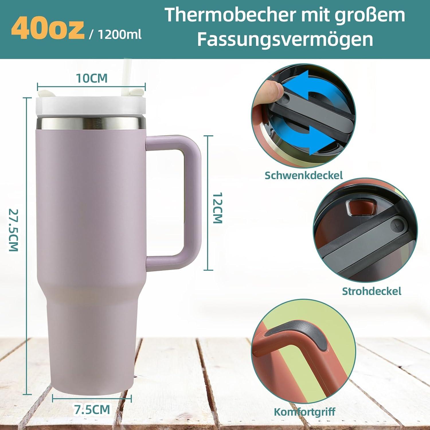 Thermobecher mit Strohhalm und Henkel, 1200ml Kaffeebecher To Go, Doppelwandiger Edelstahl Vakuum Isolierbecher - Lila