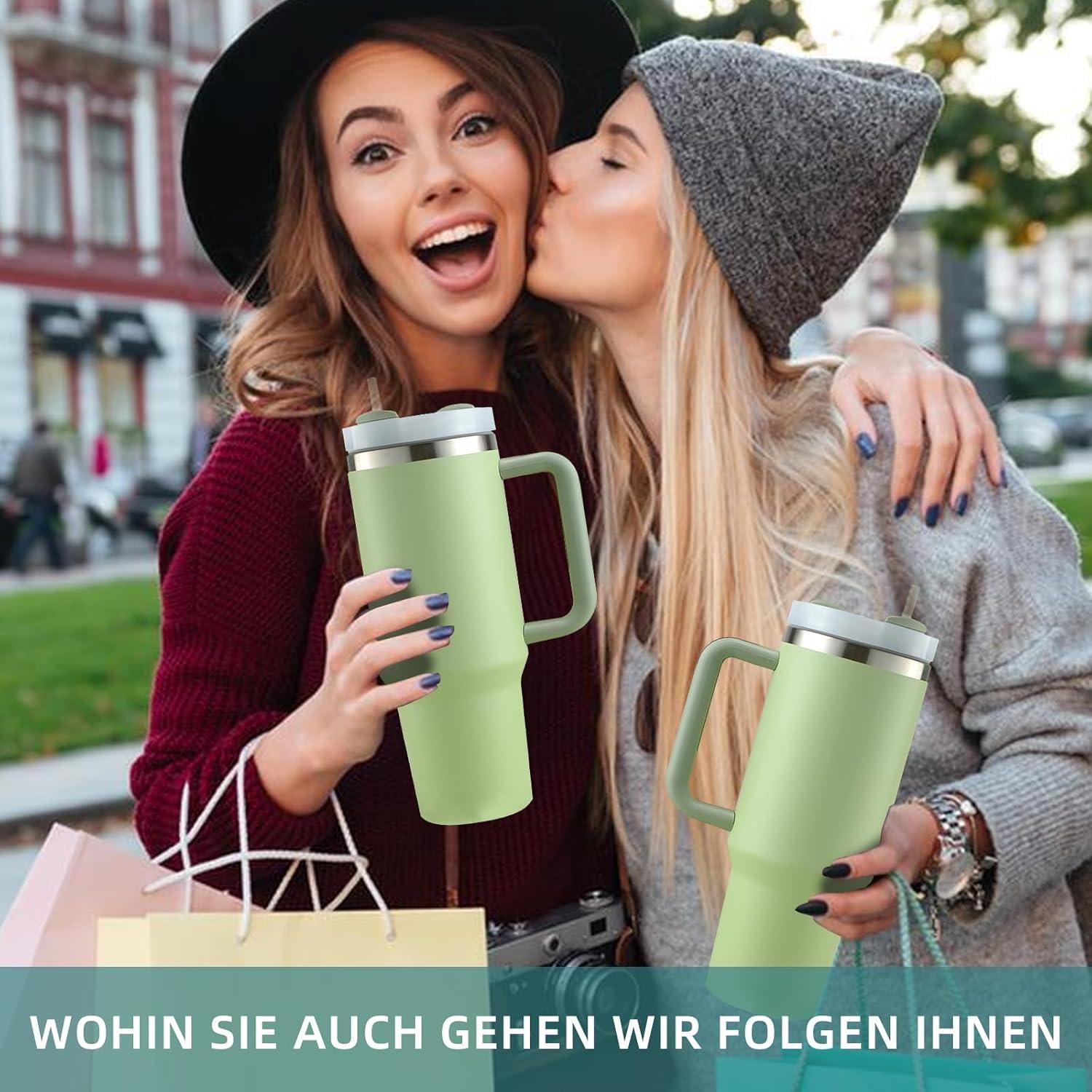 Isolierbecher 40oz mit Strohhalm und Henkel, Kaffeebecher To Go