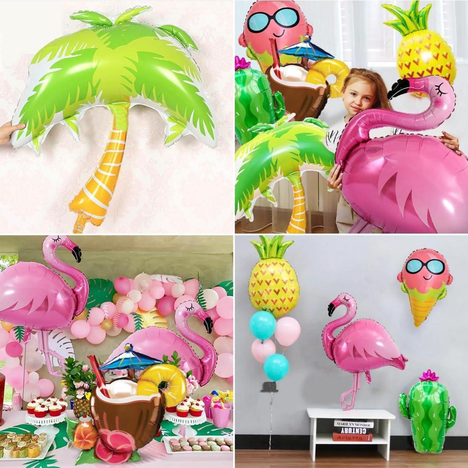 7er Hawaii Party Folienballon Set - Flamingo Ananas Kaktus Kokosnuss Eiscreme Baum Riesenballons