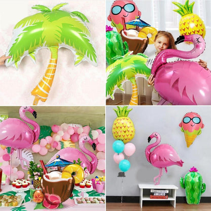 7er Hawaii Party Folienballon Set - Flamingo Ananas Kaktus Kokosnuss Eiscreme Baum Riesenballons