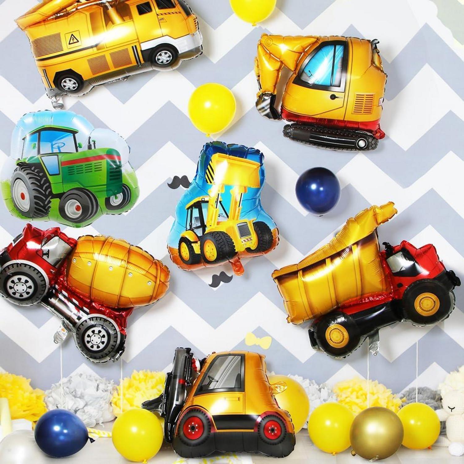 7er Set Baustellen-Folienballons | XXL Bagger, Bulldozer, Gabelstapler, Traktor | Heliumballons für Jungen Geburtstagsparty