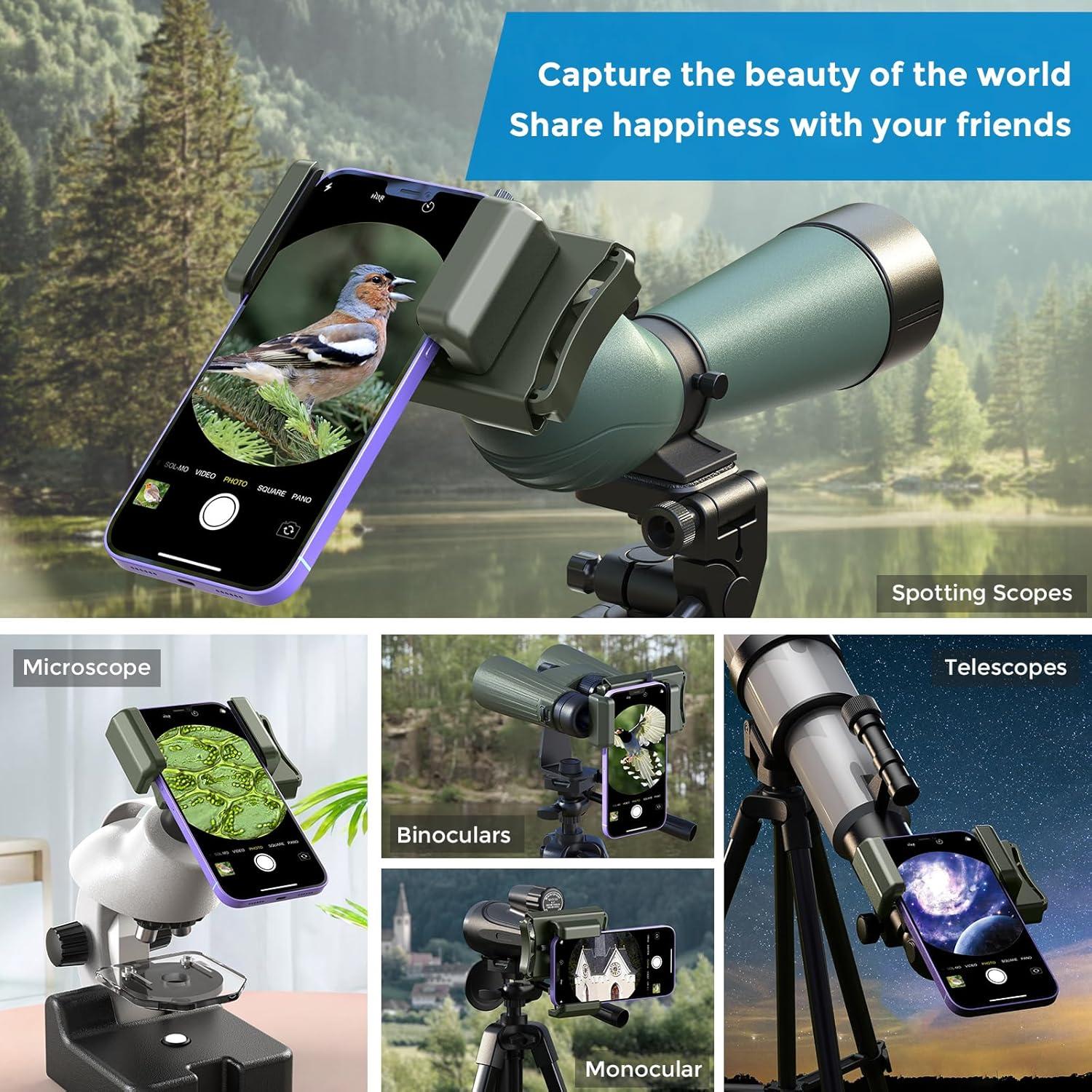 APEXEL Universal Handy Adapter mit Fernauslöser, 360° Drehung, für Ferngläser, Monokulare, Mikroskope - Grün