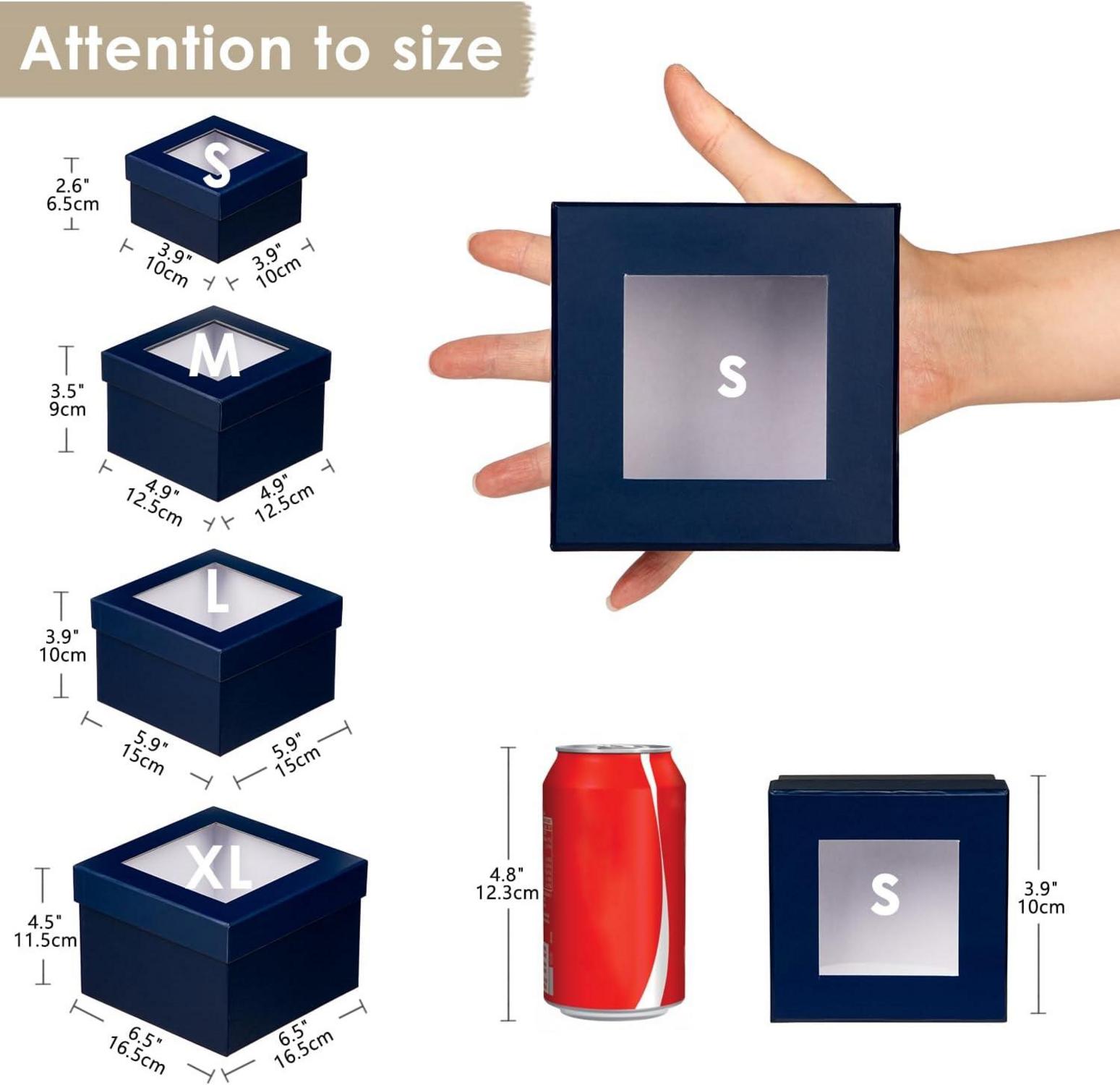 4er Set Quadratische Geschenkboxen mit Sichtfenster Blauer