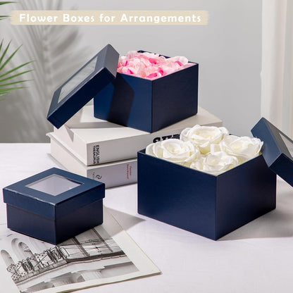 4er Set Quadratische Geschenkboxen mit Sichtfenster und Deckel - Blaue Pappschachteln