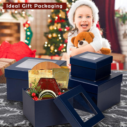 4er Set Quadratische Blaue Geschenkboxen mit Sichtfenster und Deckel
